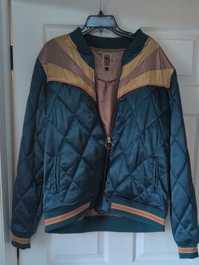 Quilted Satin Bomber Jacket in Teal with Gold & Mauve Accents